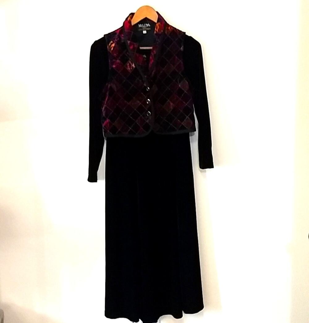 Vintage Melissa petites collection velvet dress with patchwork vest